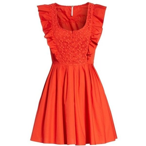 FREE PEOPLE Half Moon Red Orange Ruffle Lace Dress - Picture 1 of 9
